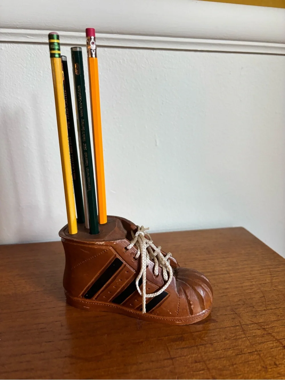Vintage wooden sneaker pencil holder desk decor